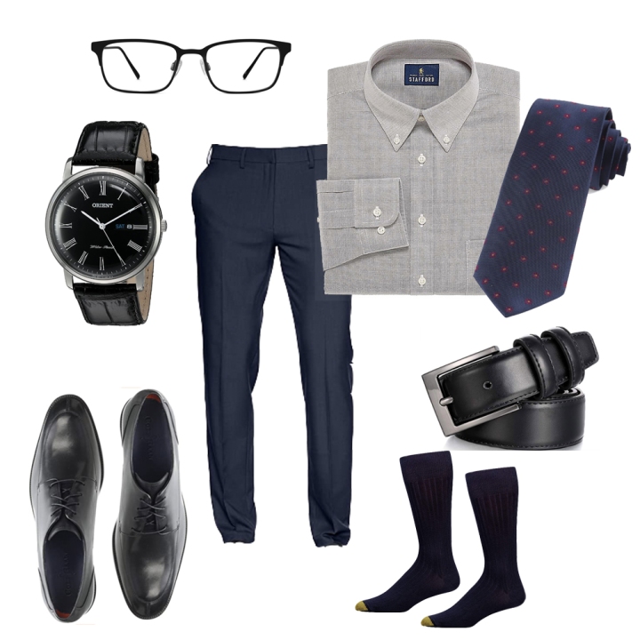 Business casual with oxford cloth button down, Orient Watch, patterned tie and dress shoes. 